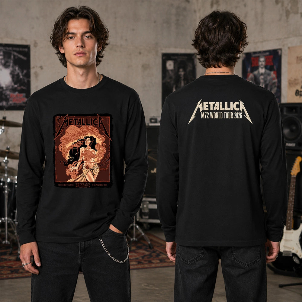 Metallica M72 World Tour November 12 2025 Suncorp Stadium Brisbane Australia 2 side T-shirt by Teniele Sadd featuring a gothic female figure, skeletal hand, ribcage detail, skull-like creature, ornate smoke forms and M72 tour back print.
